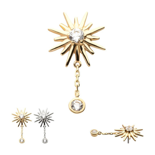 14Kt Gold Threadless Double Prong Set CZ Sunburst with Dangle Chain Top