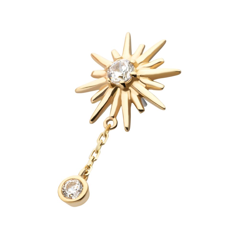 14Kt Gold Threadless Double Prong Set CZ Sunburst with Dangle Chain Top