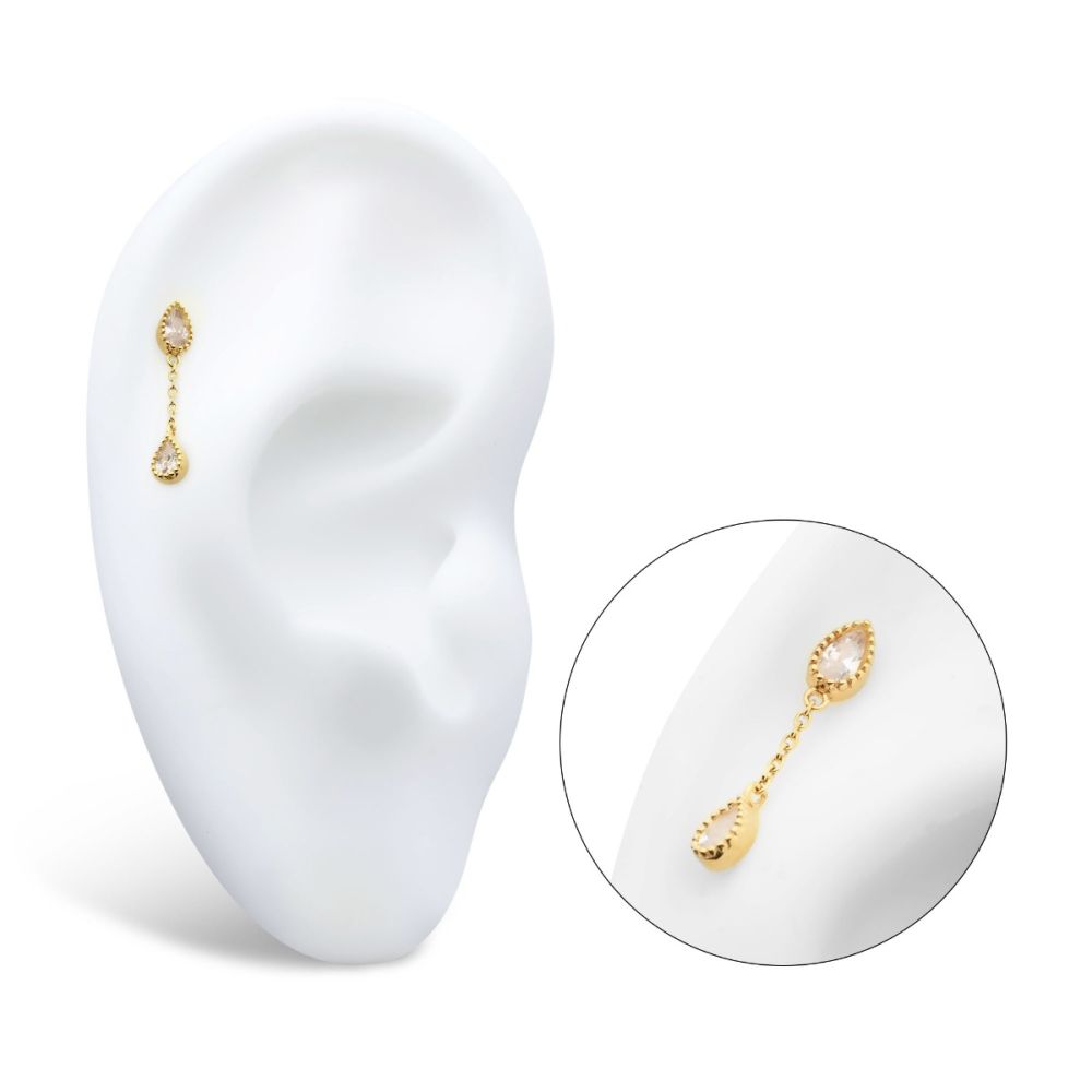 14Kt Yellow Gold Threadless Double Teardrop CZ Dangle Chain Top