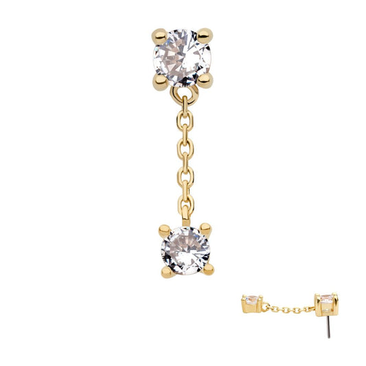 14Kt Gold Threadless Double Prong Set Round CZ with Dangle Chain Top