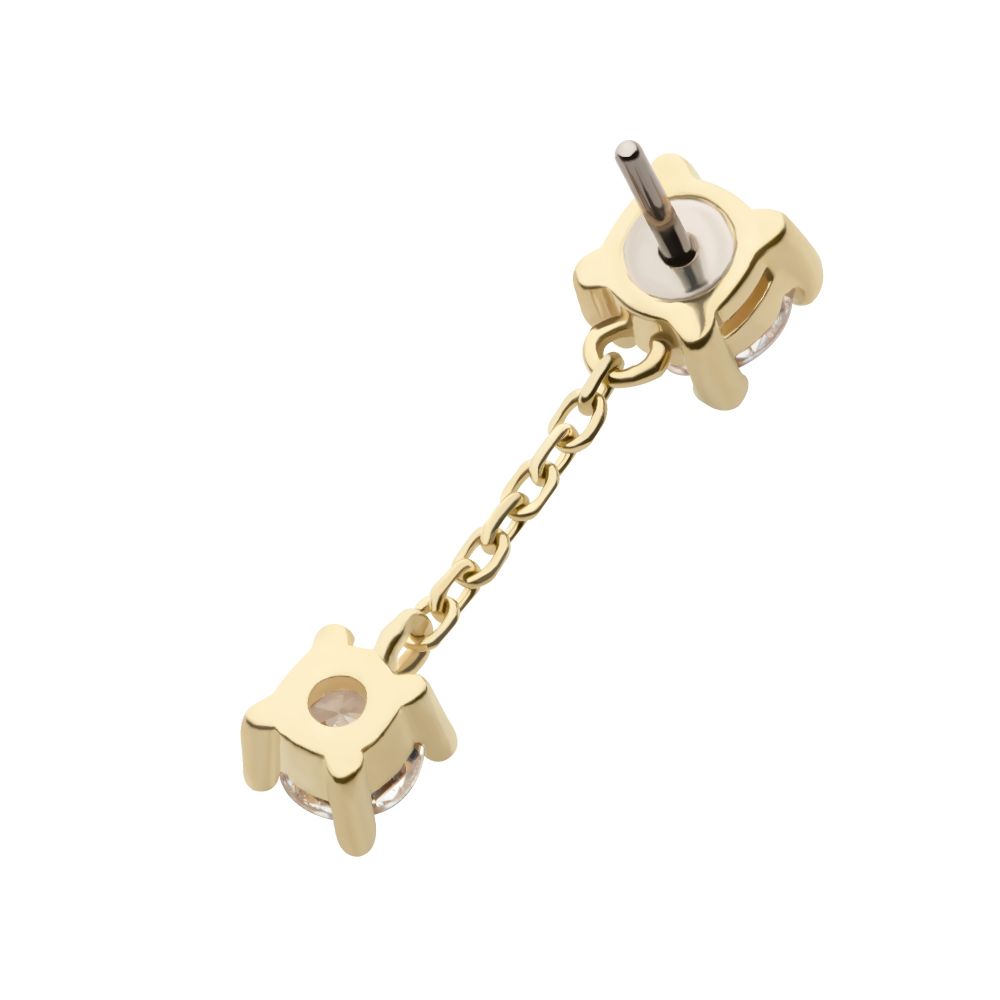 14Kt Gold Threadless Double Prong Set Round CZ with Dangle Chain Top