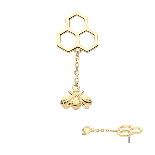 14Kt Gold Threadless Honeycomb with Dangle Chain & Bee Top