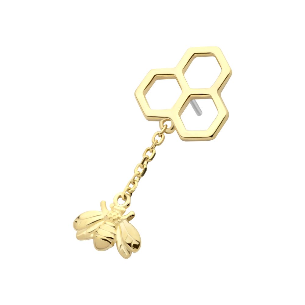 14Kt Gold Threadless Honeycomb with Dangle Chain & Bee Top