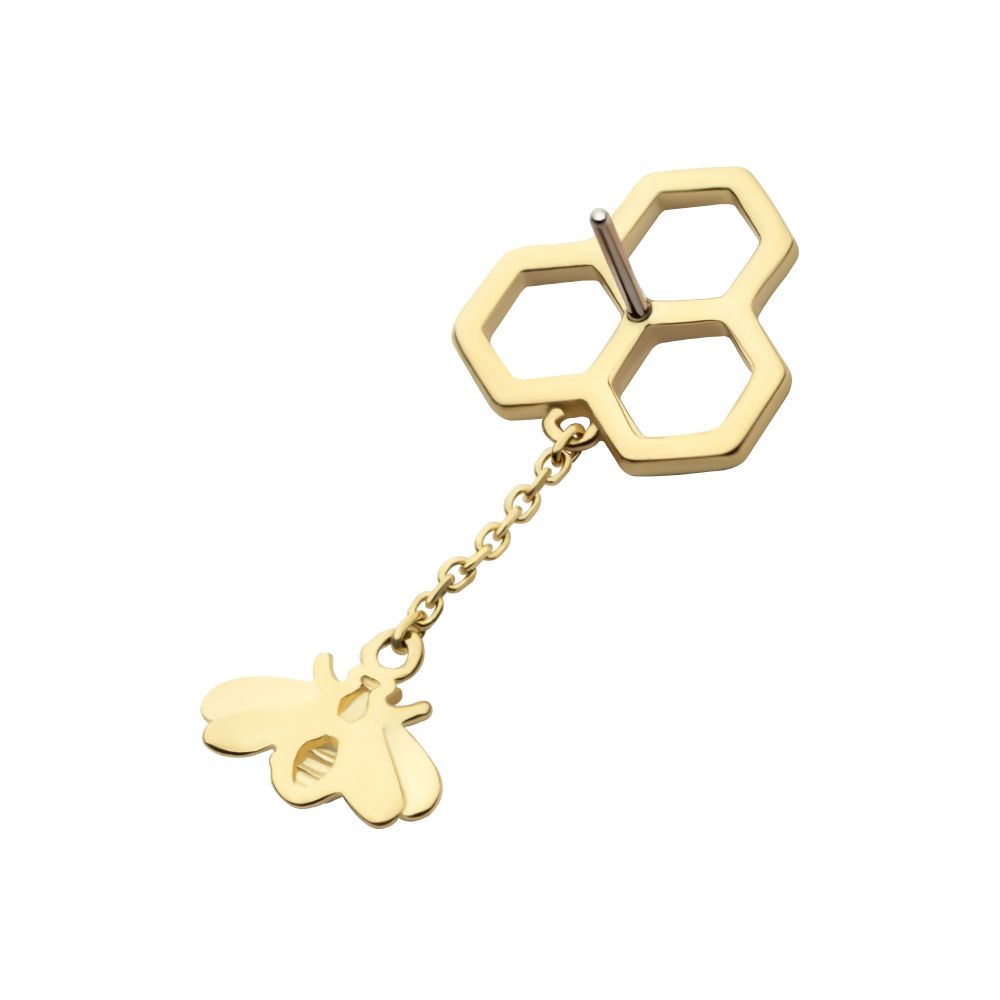 14Kt Gold Threadless Honeycomb with Dangle Chain & Bee Top