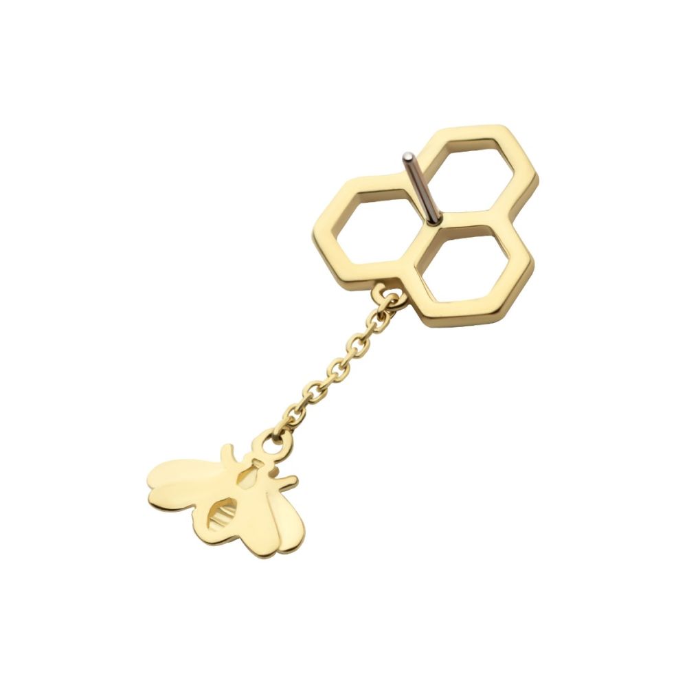 14Kt Gold Threadless Honeycomb with Dangle Chain & Bee Top