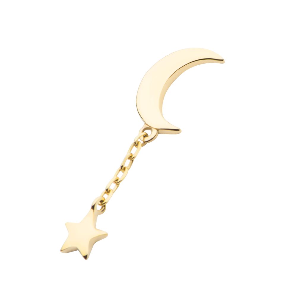 14Kt Gold Threadless Crescent Moon with Dangle Chain & Star Top