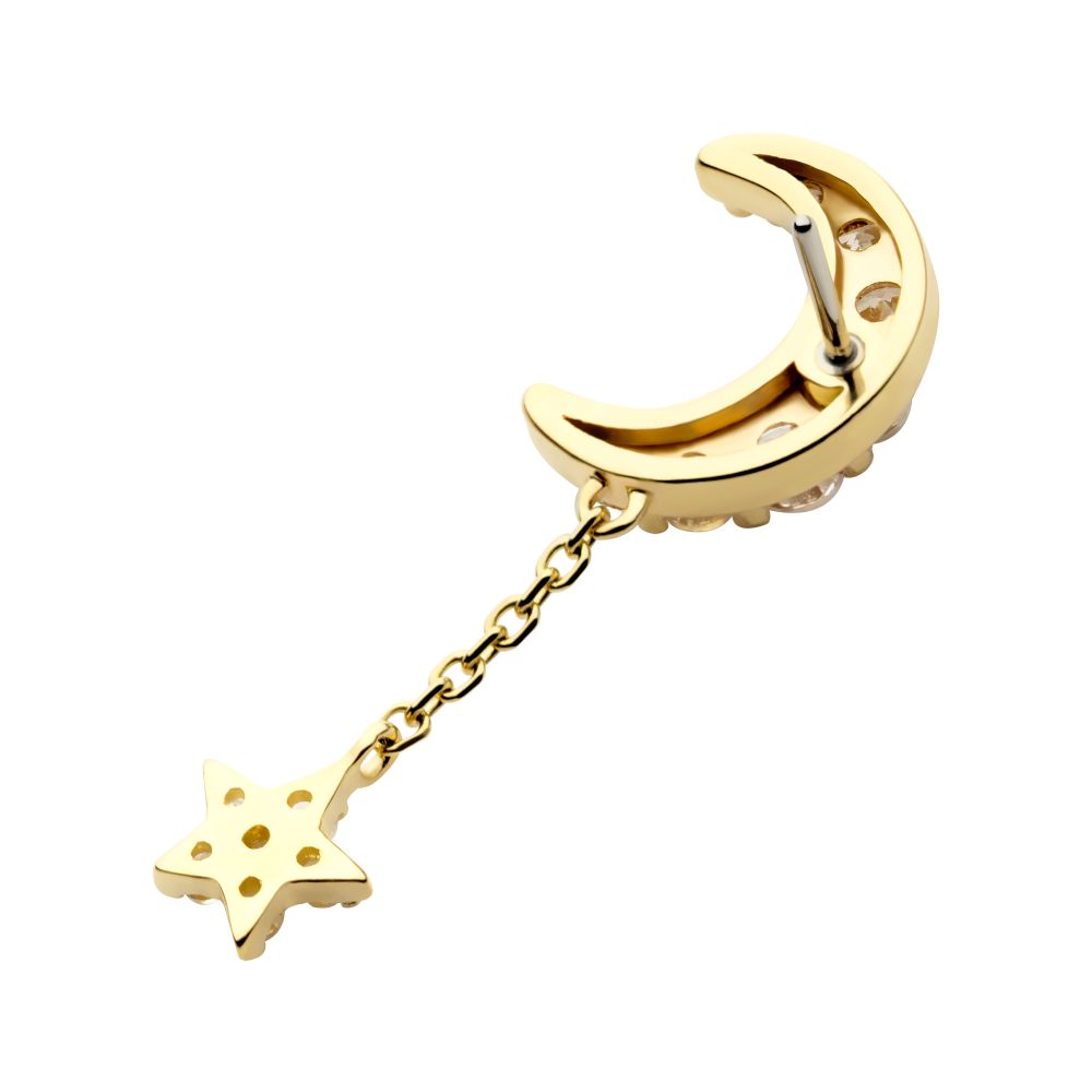 14Kt Gold Threadless Pave Set CZ Crescent Moon Top with Pave Set CZ Star Dangle Chain