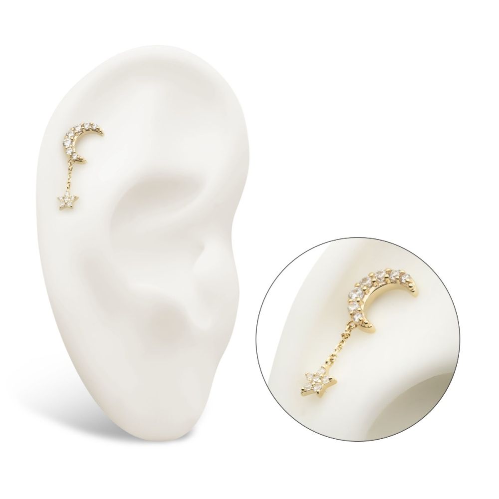 14Kt Gold Threadless Pave Set CZ Crescent Moon Top with Pave Set CZ Star Dangle Chain