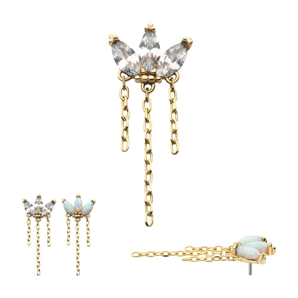 14Kt Gold Threadless 3 Cluster Fan Shape Marquise CZ/Opal Top with Dangle Triple Chain