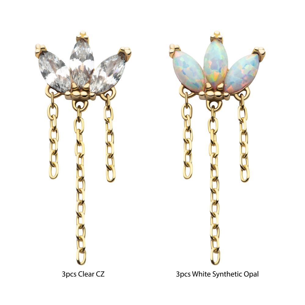 14Kt Gold Threadless 3 Cluster Fan Shape Marquise CZ/Opal Top with Dangle Triple Chain