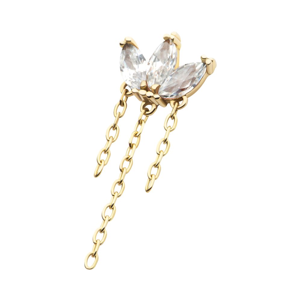 14Kt Gold Threadless 3 Cluster Fan Shape Marquise CZ/Opal Top with Dangle Triple Chain