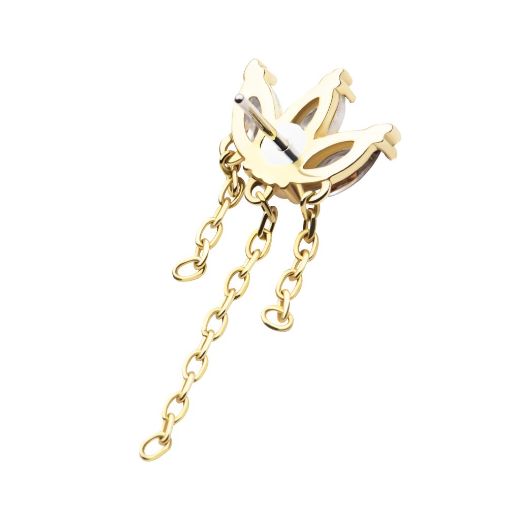 14Kt Gold Threadless 3 Cluster Fan Shape Marquise CZ/Opal Top with Dangle Triple Chain