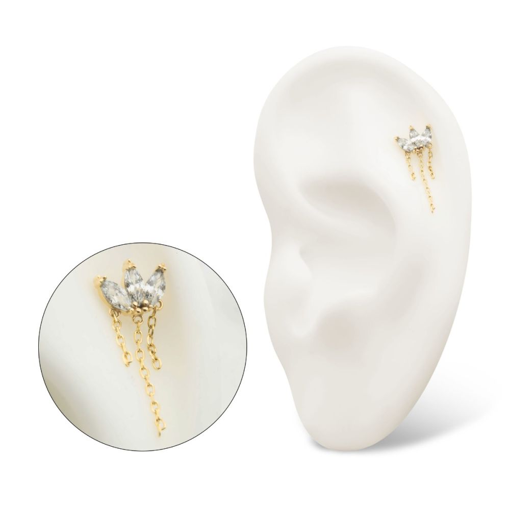 14Kt Gold Threadless 3 Cluster Fan Shape Marquise CZ/Opal Top with Dangle Triple Chain