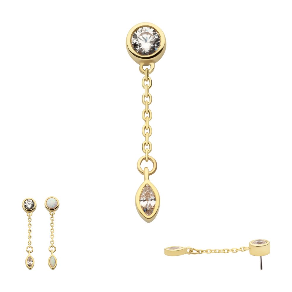 14Kt Gold Threadless Bezel Set Round & Marquise CZ with Dangle Chain Top