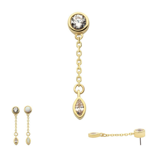 14Kt Gold Threadless Bezel Set Round & Marquise CZ with Dangle Chain Top