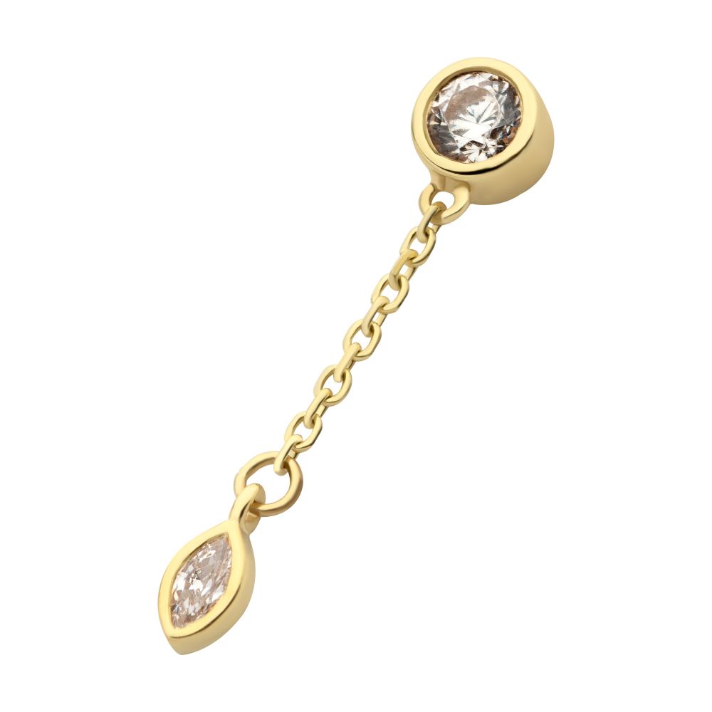 14Kt Gold Threadless Bezel Set Round & Marquise CZ with Dangle Chain Top
