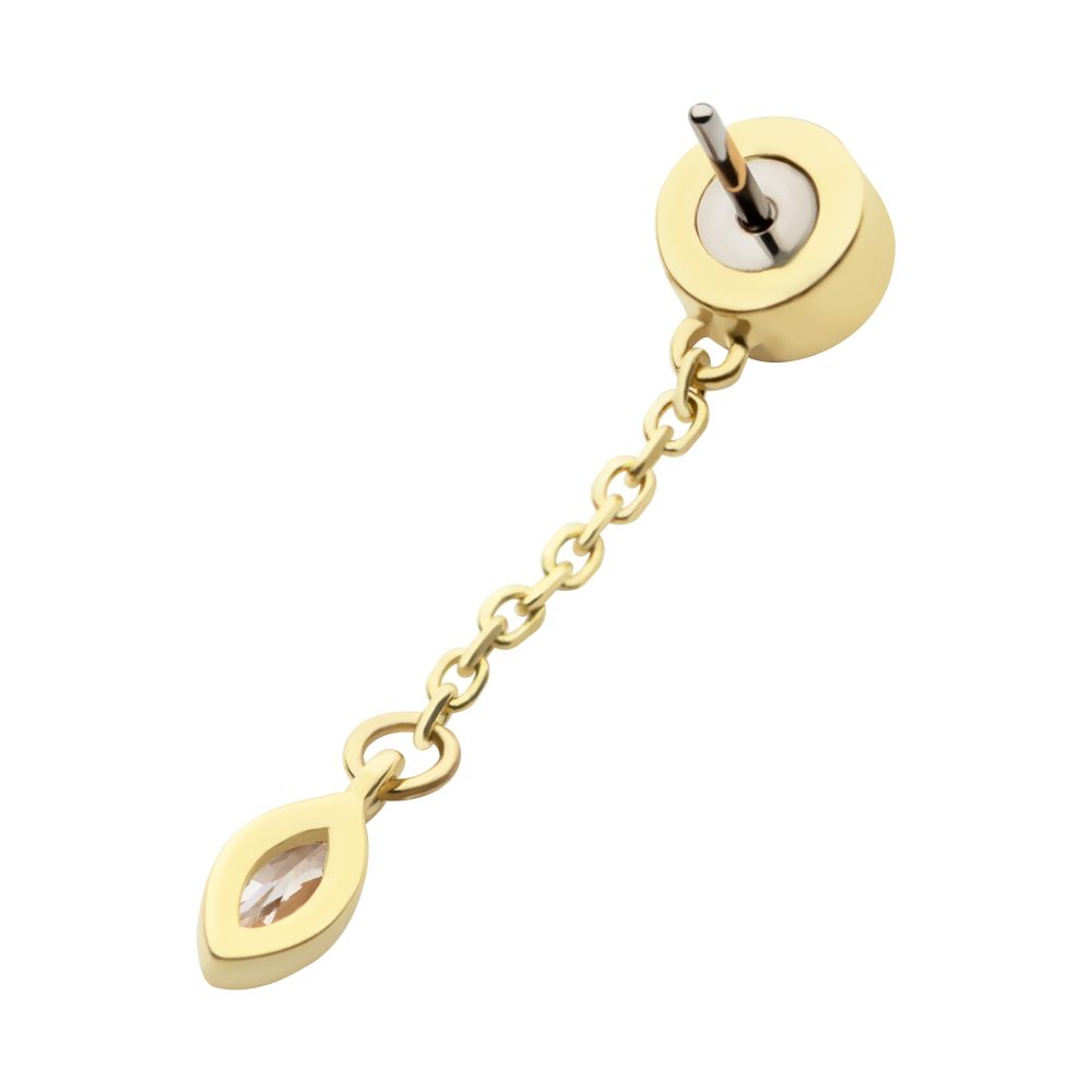 14Kt Gold Threadless Bezel Set Round & Marquise CZ with Dangle Chain Top