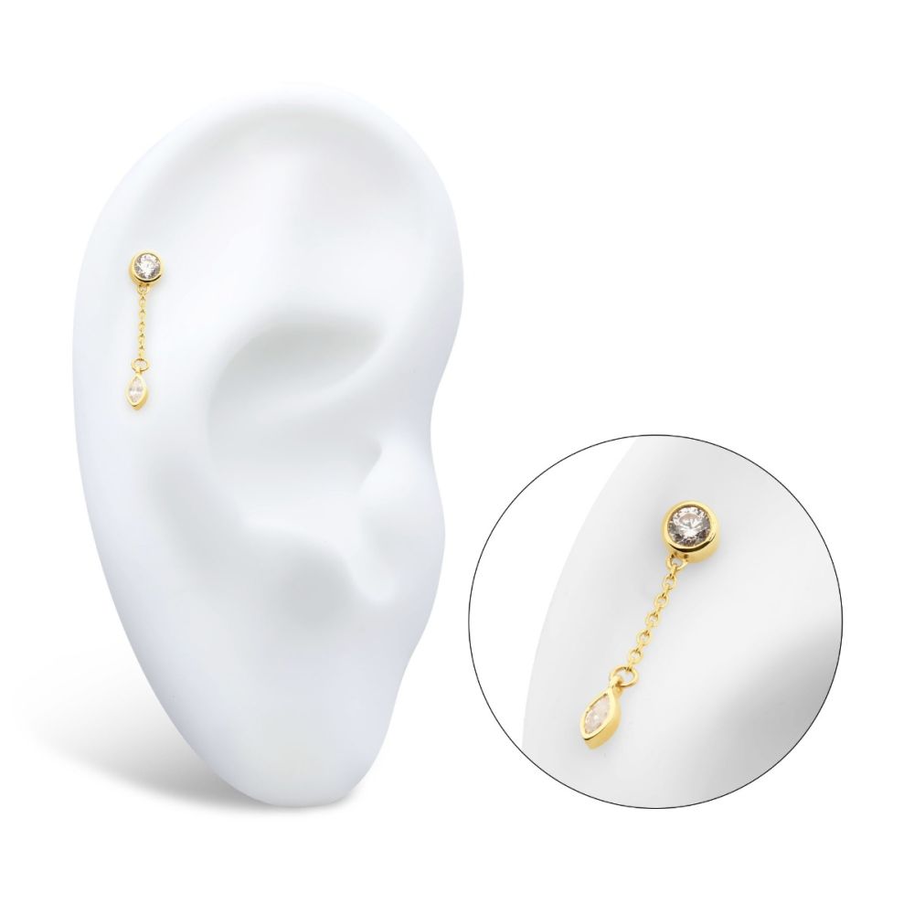 14Kt Gold Threadless Bezel Set Round & Marquise CZ with Dangle Chain Top