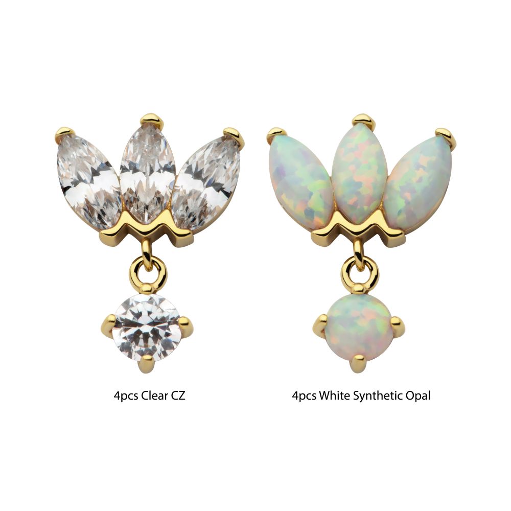 14Kt Gold Threadless 3 Cluster Fan Shape Marquise CZ/Opal Top with Dangle Prong Set CZ/Opal 