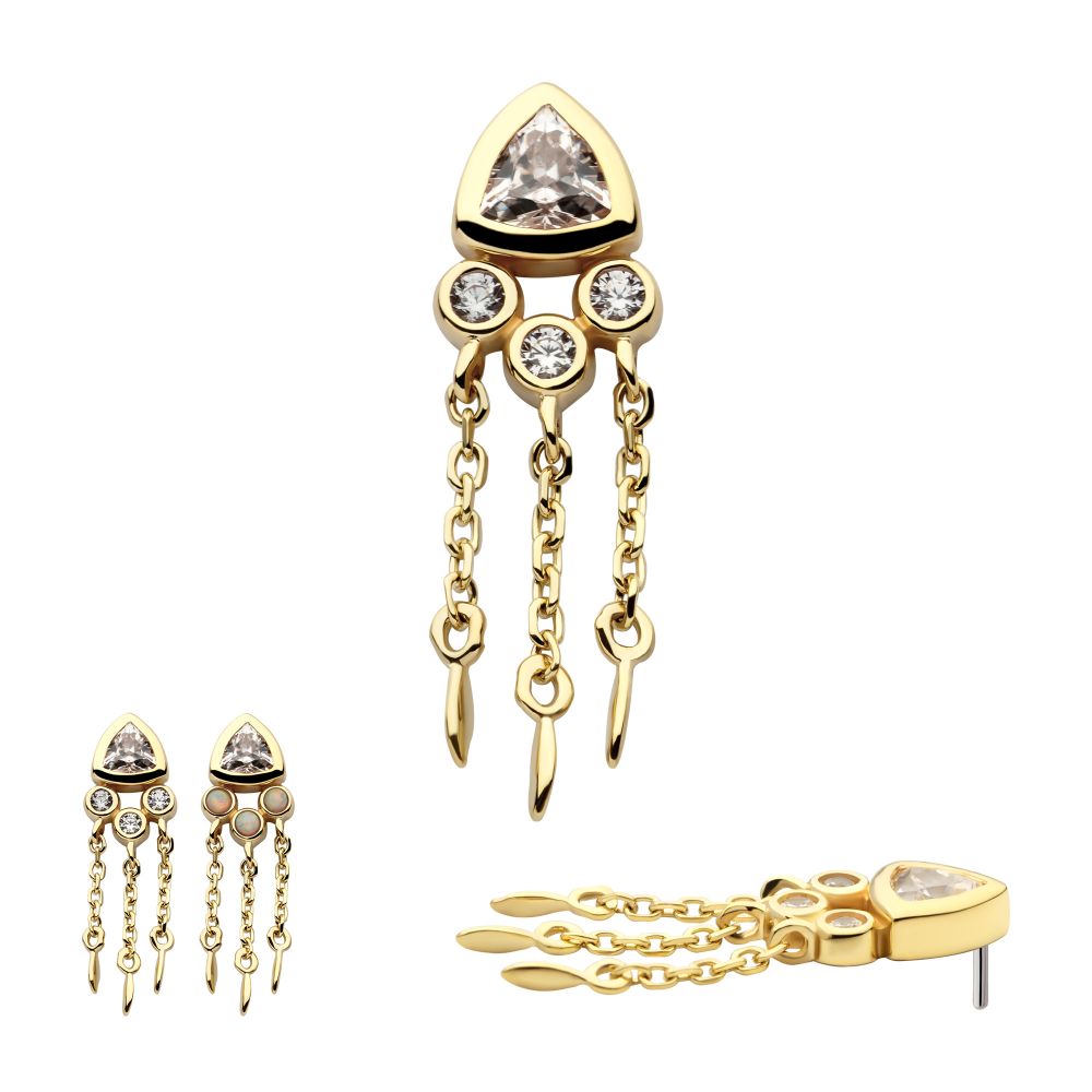 14Kt Yellow Gold Threadless Bezel Round & Trillion CZ Top with Triple Dangle Chain