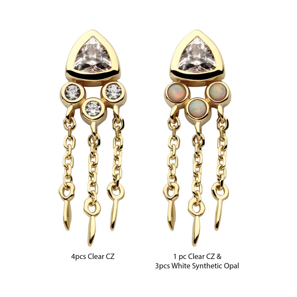 14Kt Yellow Gold Threadless Bezel Round & Trillion CZ Top with Triple Dangle Chain