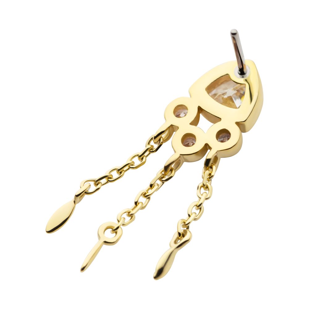 14Kt Yellow Gold Threadless Bezel Round & Trillion CZ Top with Triple Dangle Chain