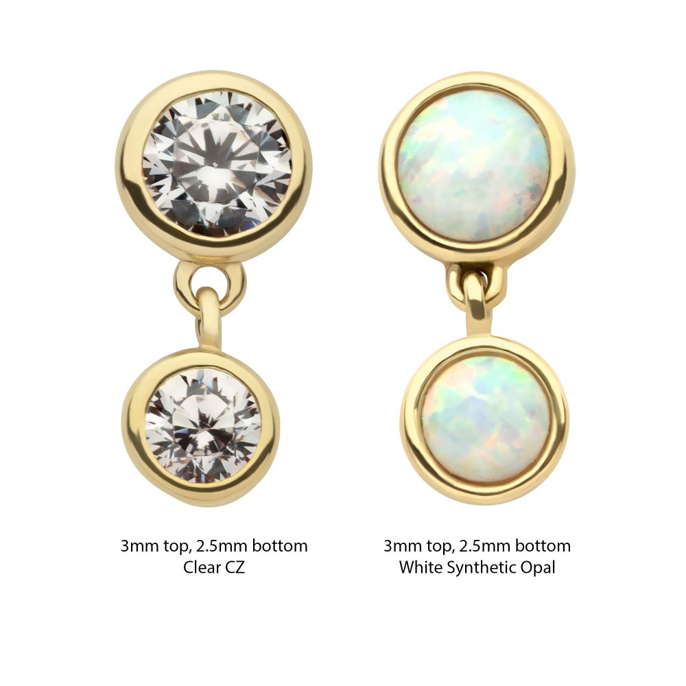 14Kt Gold Threadless Double Bezel Set Round CZ Dangle Top