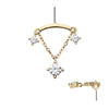 14Kt Yellow Gold Threadless Hidden Helix Curved Bar Top with Double Floating Gem & CZ Chain Dangle