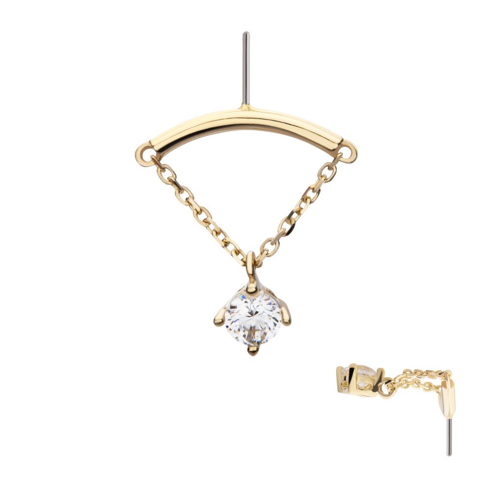 14Kt Gold Threadless Hidden Helix Curved Bar Top with Gem Chain Dangle