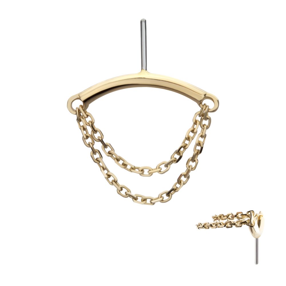 14Kt Gold Threadless Hidden Helix Curved Bar Top with 2-Tier Chain Dangle