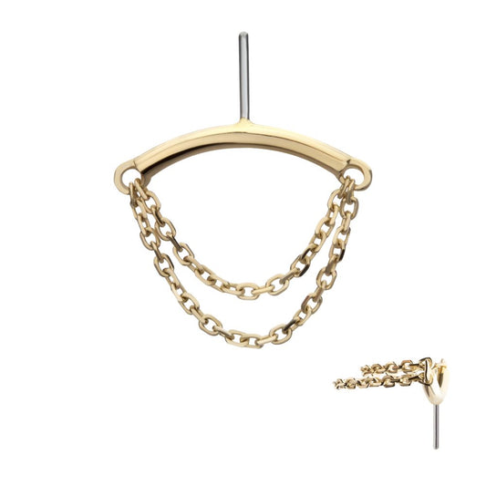 14Kt Gold Threadless Hidden Helix Curved Bar Top with 2-Tier Chain Dangle
