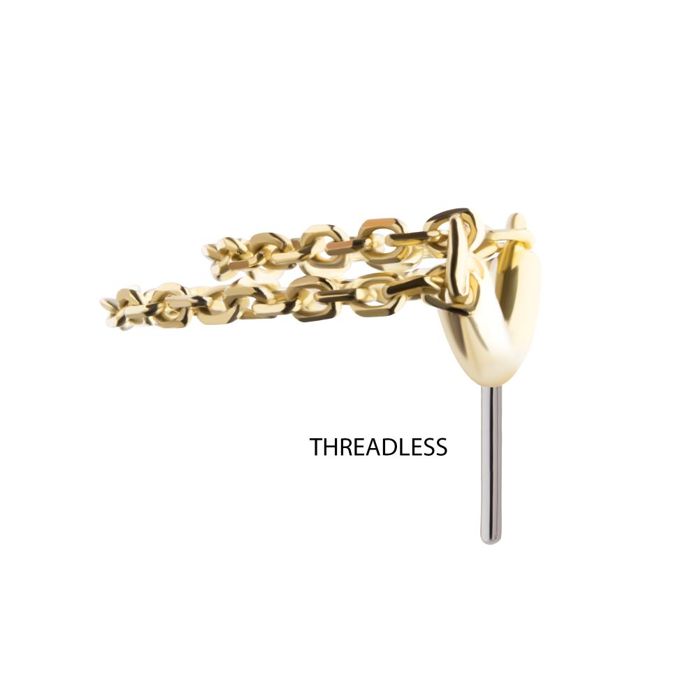 14Kt Gold Threadless Hidden Helix Curved Bar Top with 2-Tier Chain Dangle