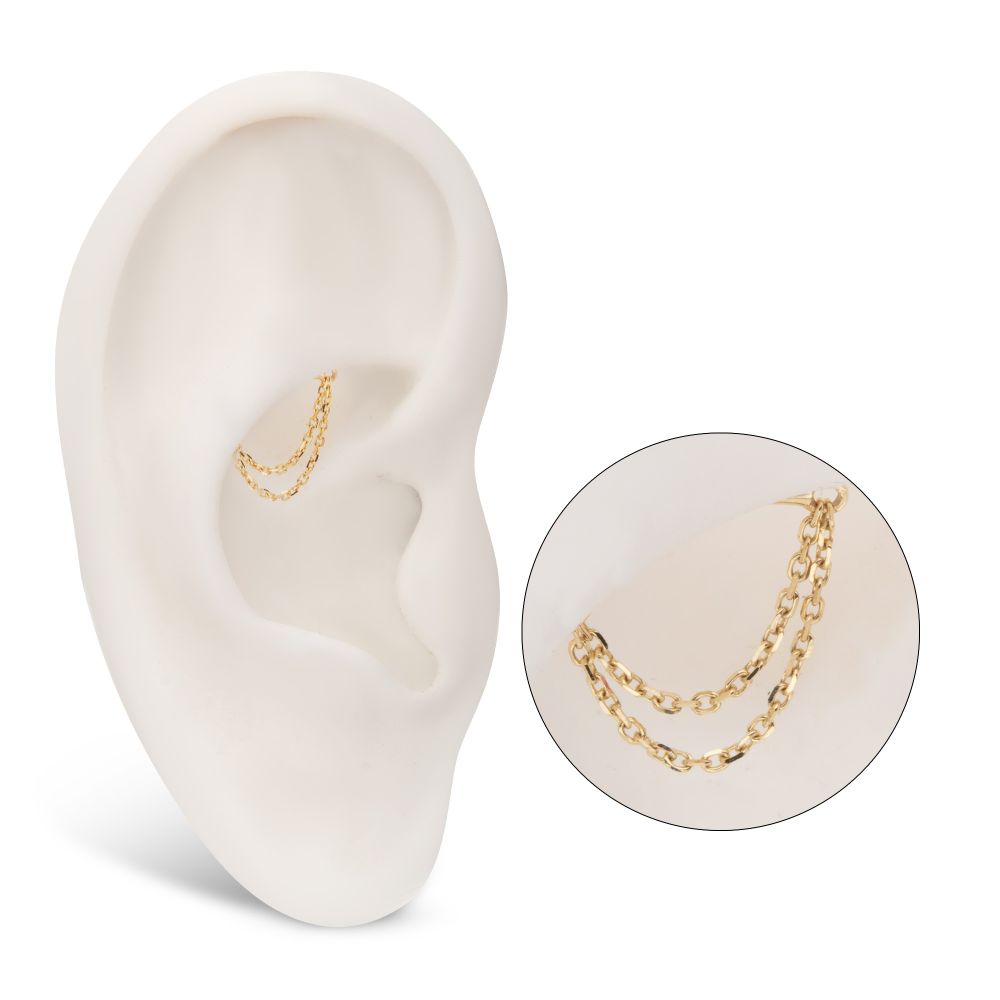 14Kt Gold Threadless Hidden Helix Curved Bar Top with 2-Tier Chain Dangle