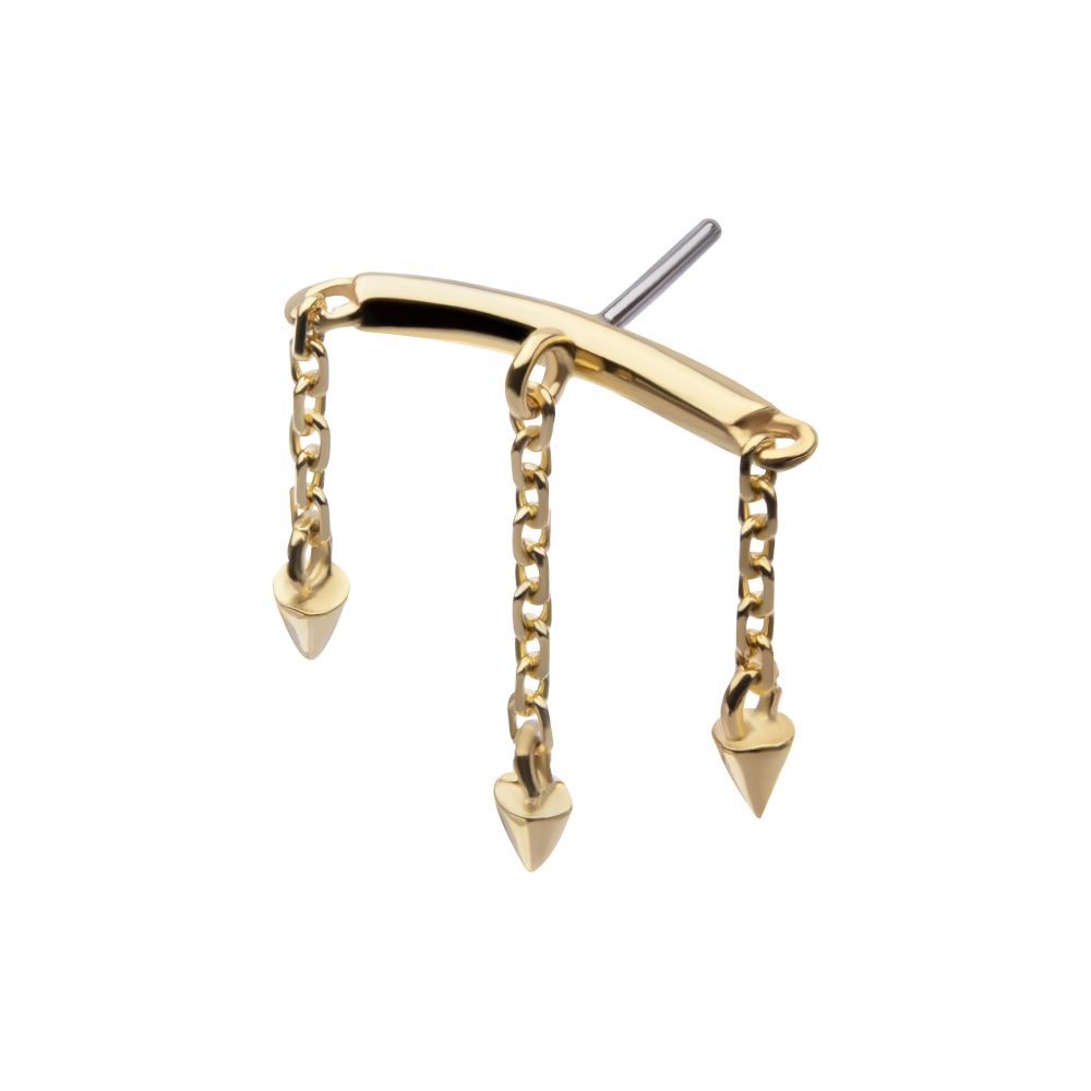 14Kt Gold Threadless Hidden Helix Curved Bar Top with 3 Spike Chain Dangle