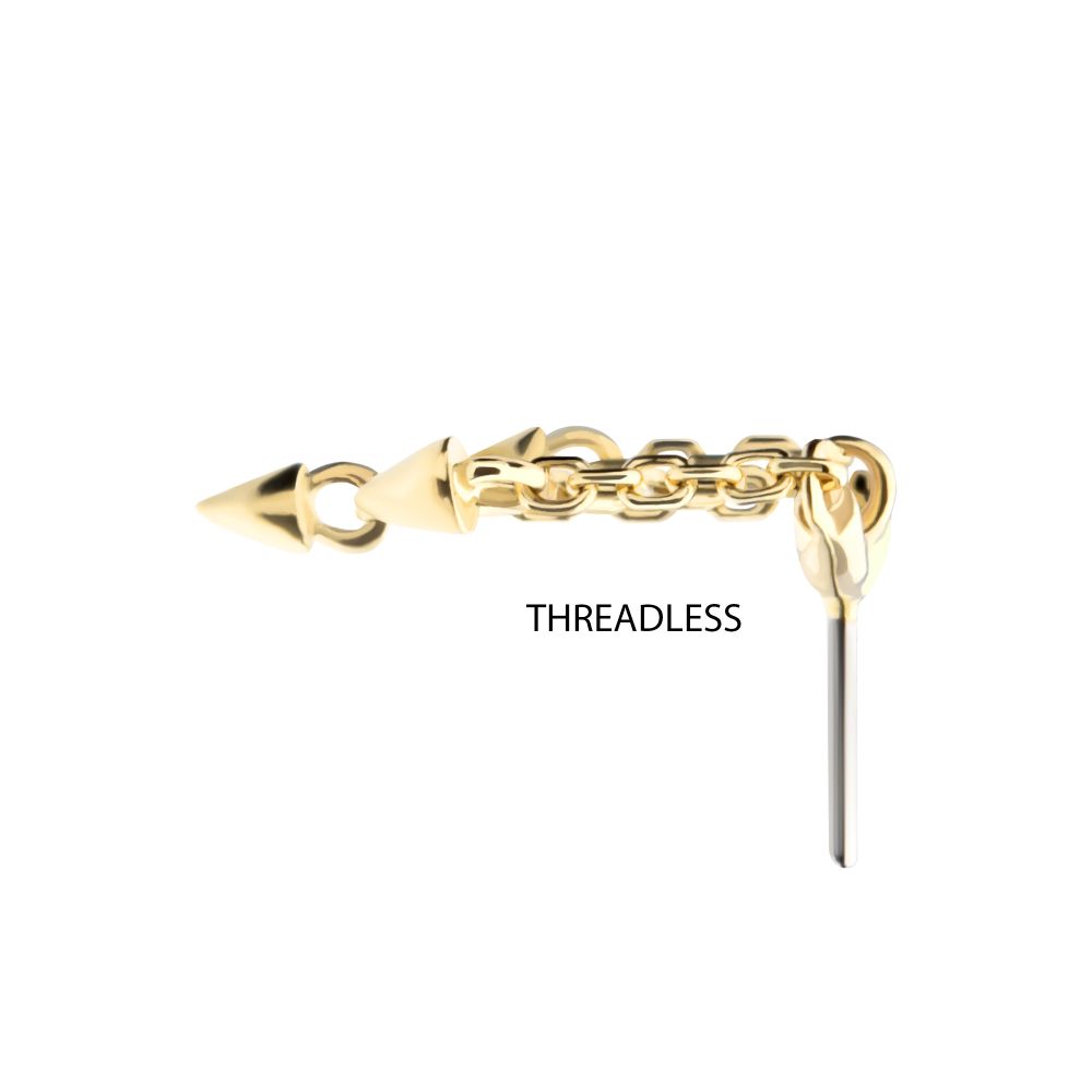 14Kt Gold Threadless Hidden Helix Curved Bar Top with 3 Spike Chain Dangle