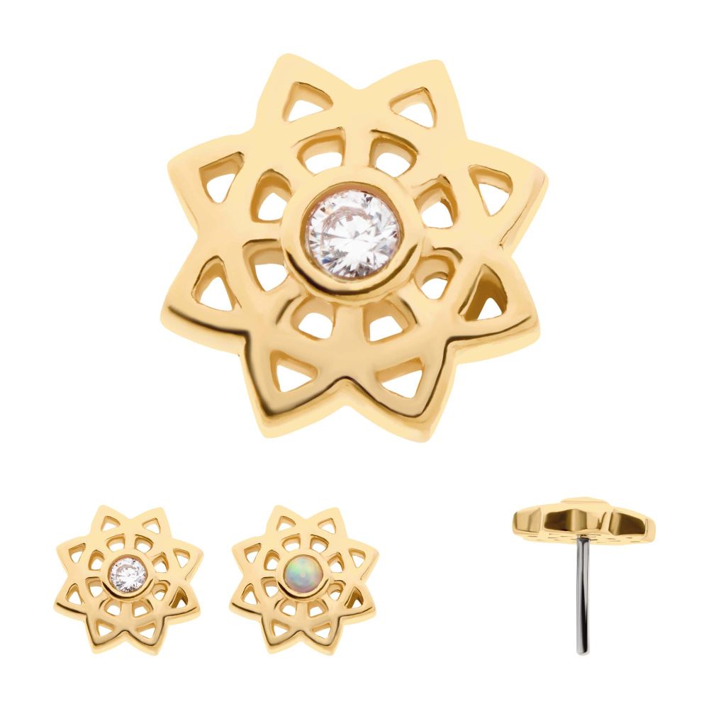 14kt Yellow Gold Threadless Bezel Set Gem/Opal Mandala Flower Top