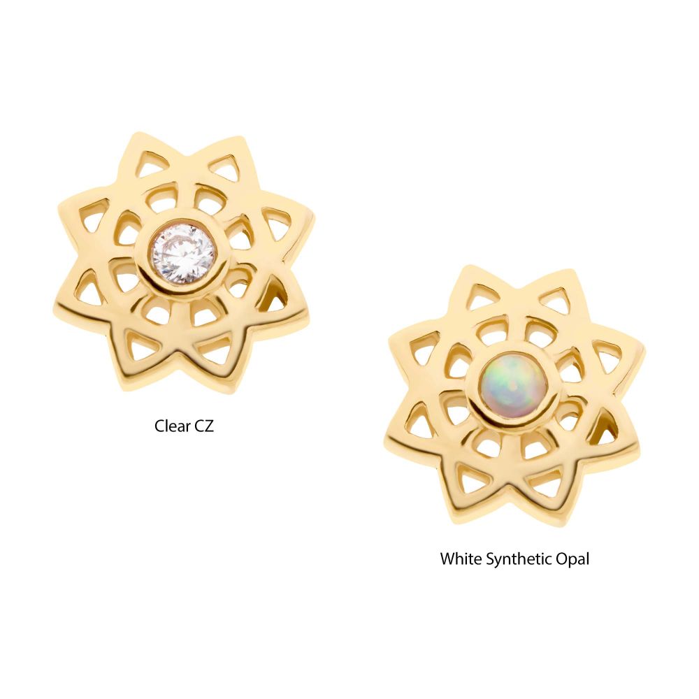 14kt Yellow Gold Threadless Bezel Set Gem/Opal Mandala Flower Top