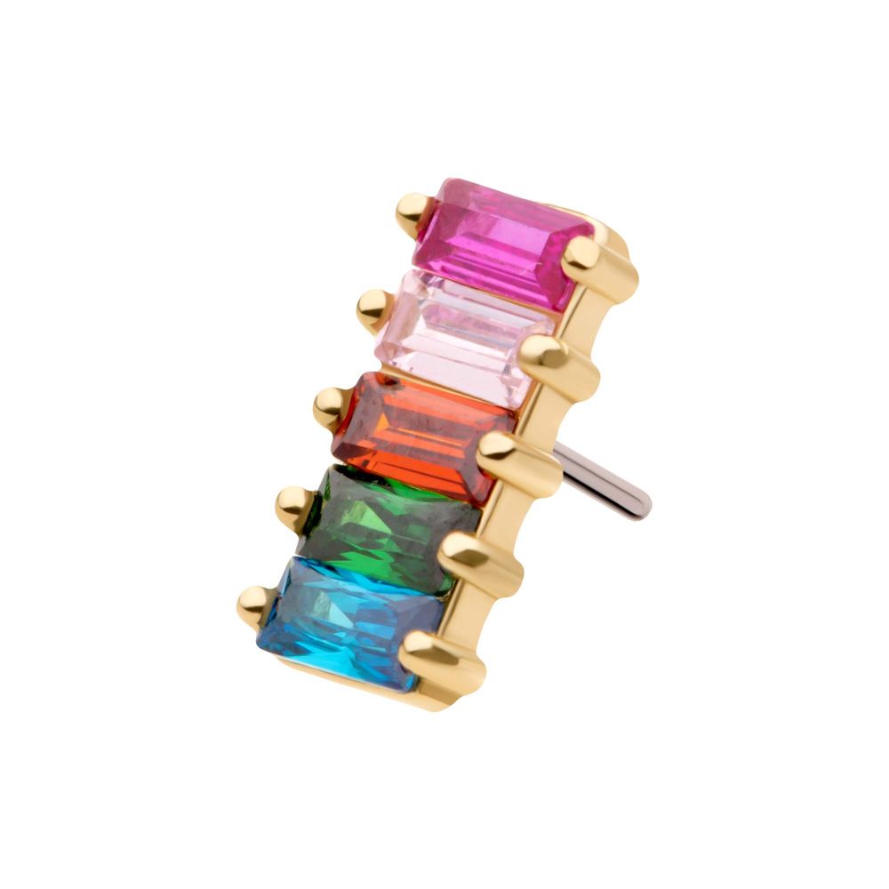 14Kt Yellow Gold Threadless with Prong Set Baguette Rainbow CZ 5-Cluster Top