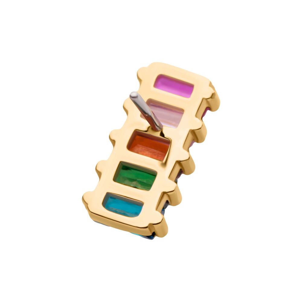 14Kt Yellow Gold Threadless with Prong Set Baguette Rainbow CZ 5-Cluster Top