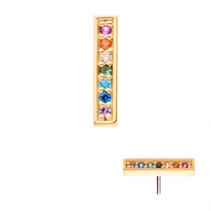 14Kt Yellow Gold Threadless with Prong Set Round Rainbow CZ 7-Cluster Bar