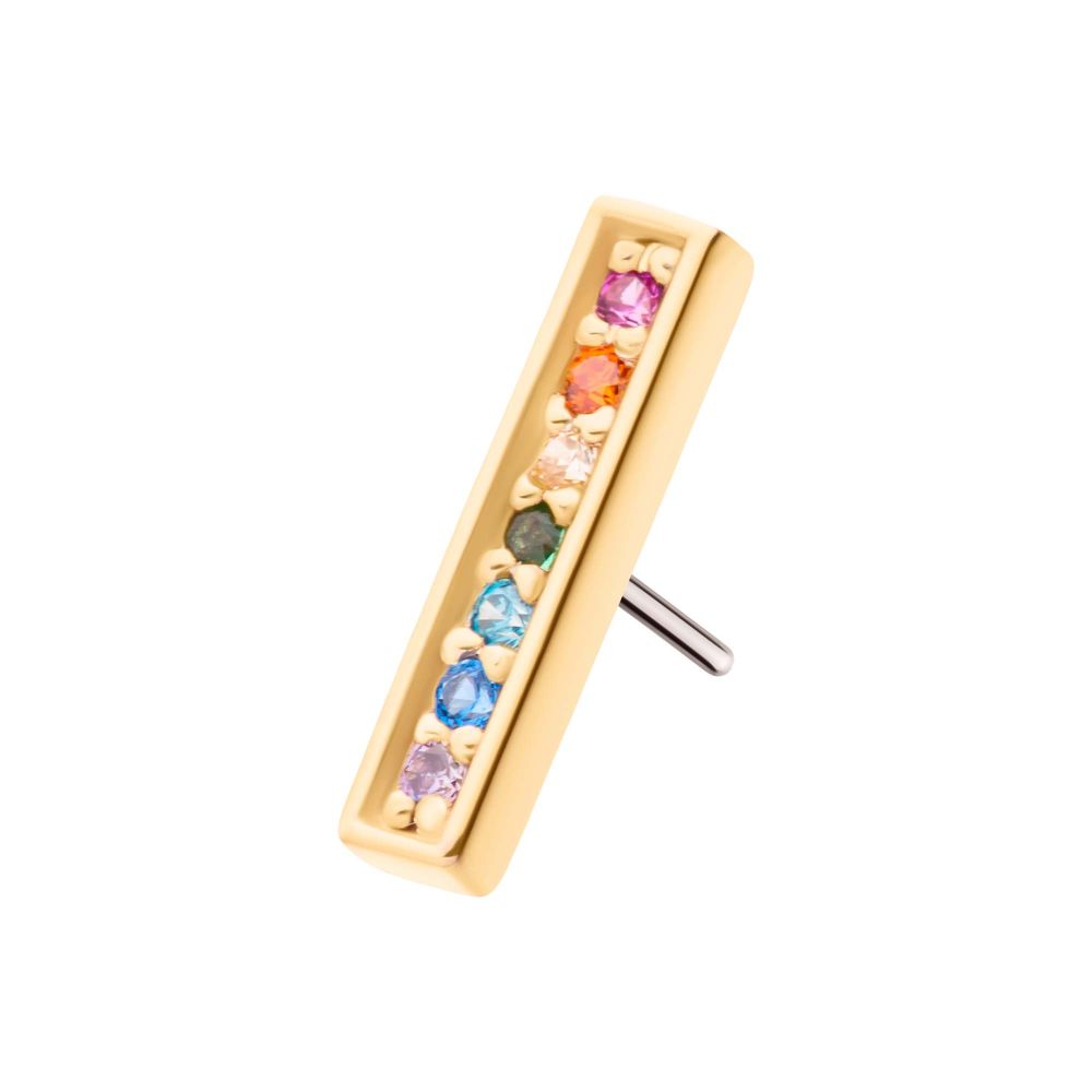 14Kt-Yellow Gold Threadless with Prong Set Rainbow CZ 7-Cluster Bar Top