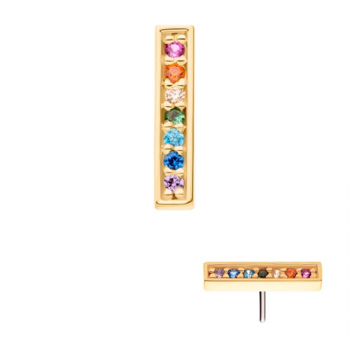 14Kt Yellow Gold Threadless with Prong Set Round Rainbow CZ 7-Cluster Bar Top