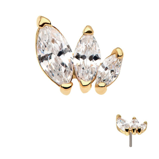 14Kt Yellow Gold Threadless with Descending Size Marquise CZ 3-Cluster Top