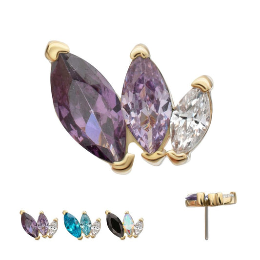 14Kt Yellow Gold Threadless "Marquise Cascade" Triple Gem Top