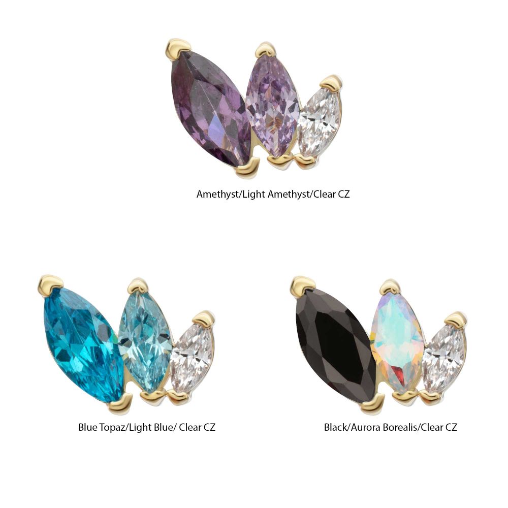 14Kt Yellow Gold Threadless "Marquise Cascade" Triple Gem Top