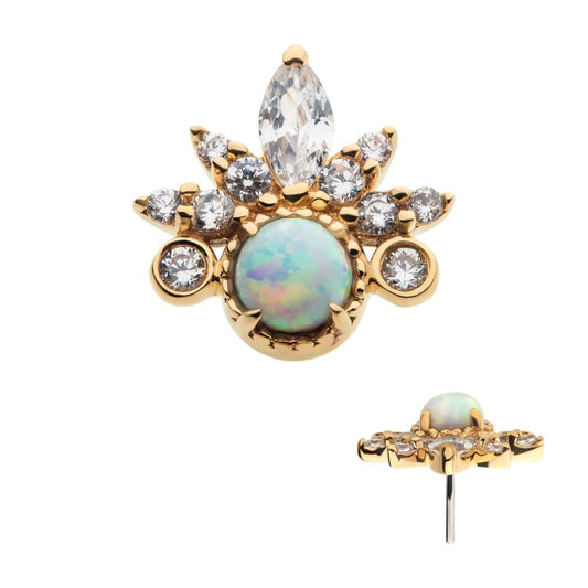 14Kt Yellow Gold Threadless with White Synthetic Opal, Round & Marquise Clear CZ Tiara Cluster Top