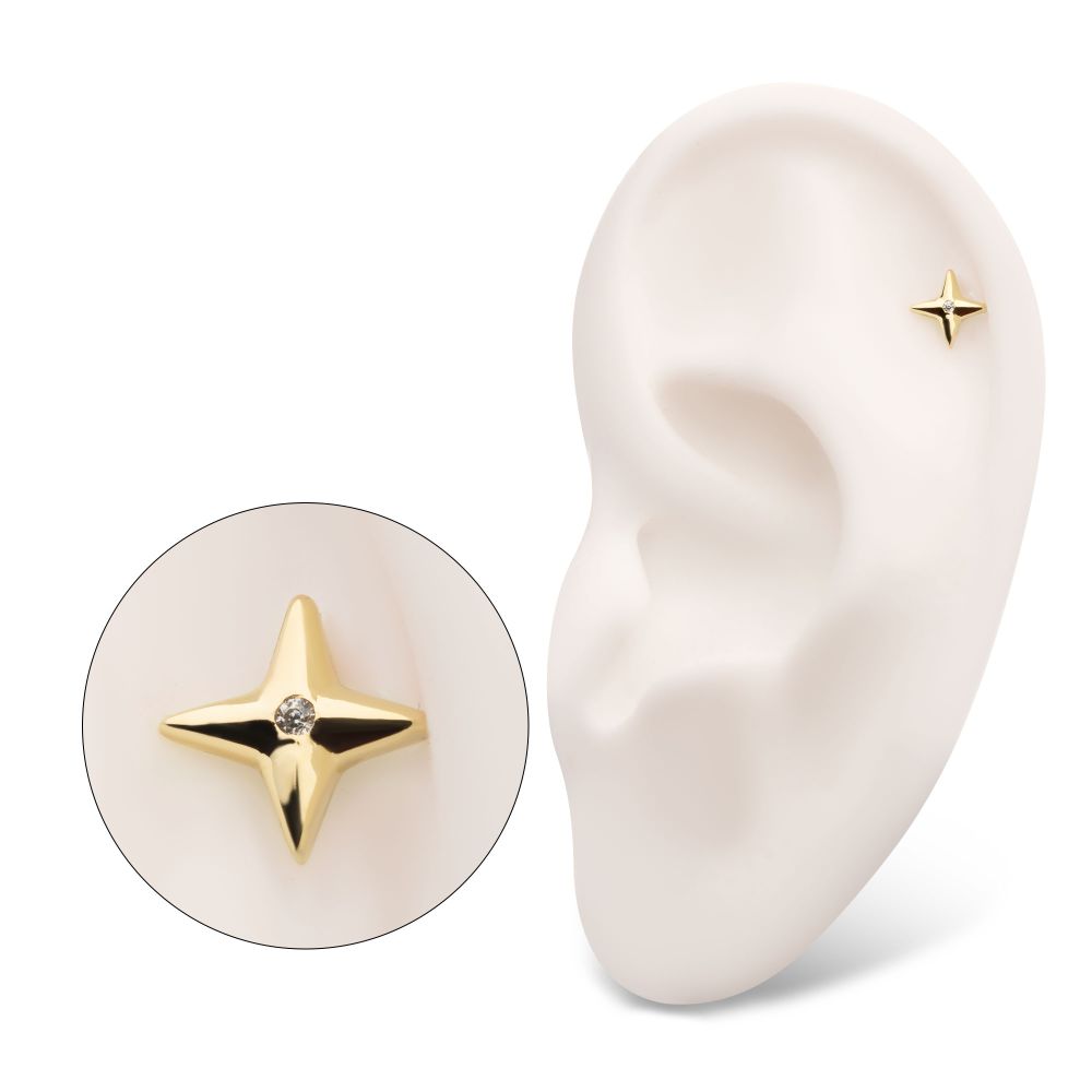 14Kt Gold Threadless Celestial Star with Central CZ Gem Top