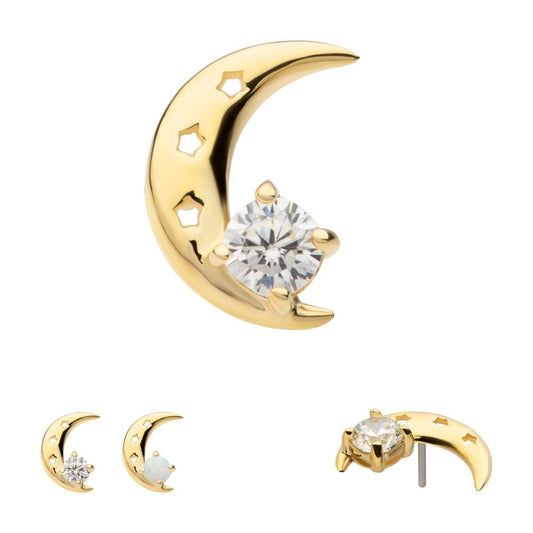 14Kt Yellow Gold Threadless Crescent Moon Top with Prong Set CZ/Opal