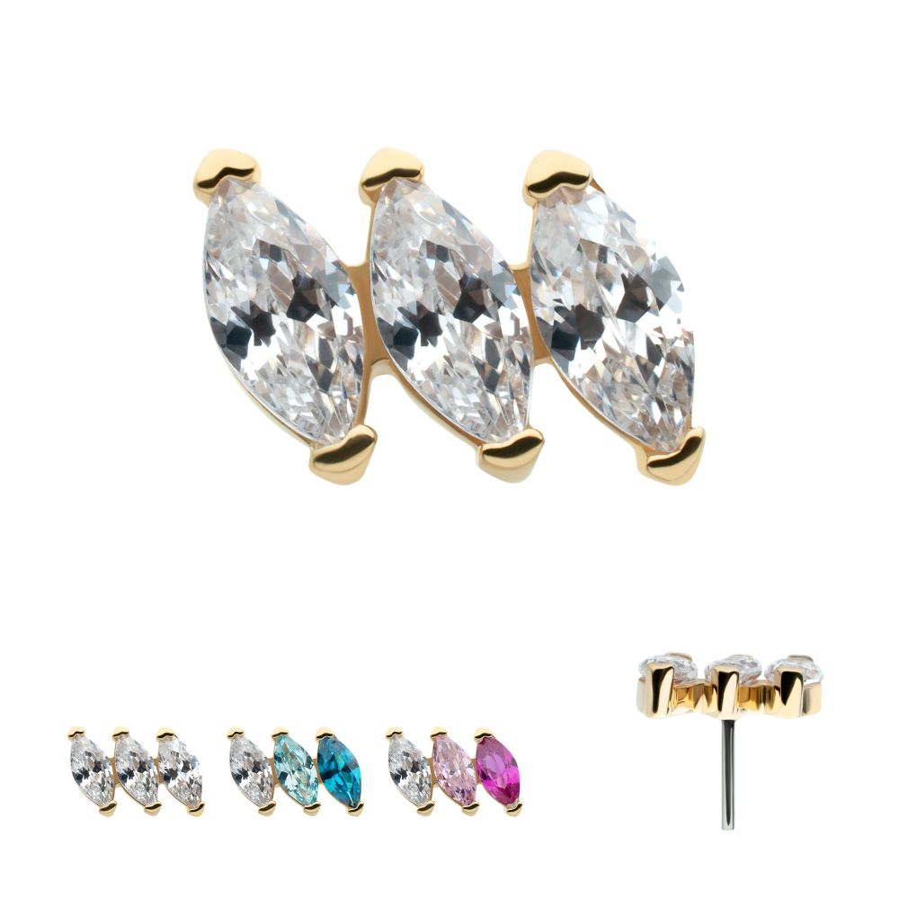 14Kt Yellow Gold Threadless Pronged Marquise CZ 3-Cluster Top