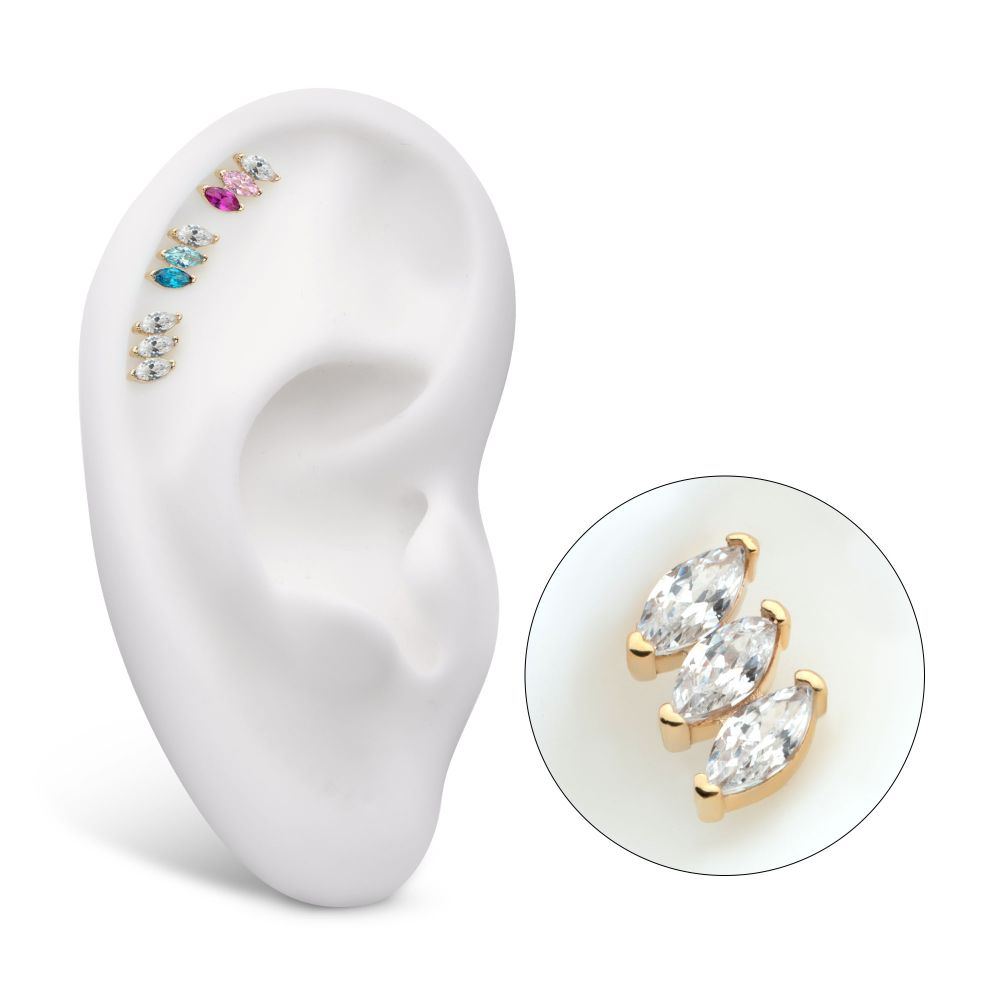 14Kt Yellow Gold Threadless Pronged Marquise CZ 3-Cluster Top